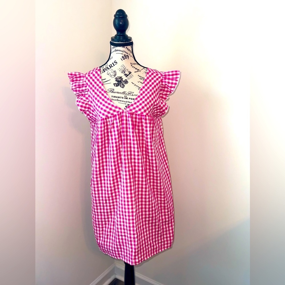 SHEIN Women's Pink and White Gingham Boho Mini Dress, Small